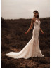 Ivory Lace Tulle Sheer Buttons Back Modern Wedding Dress